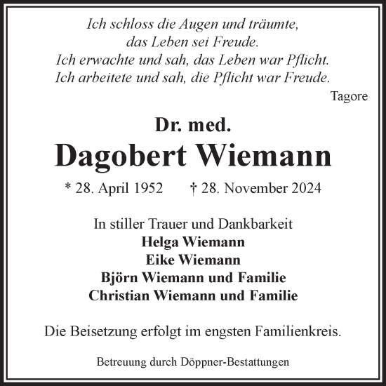 Traueranzeige von Dagobert Wiemann von Volksstimme Magdeburg