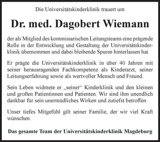 Traueranzeige von Dagobert Wiemann von Volksstimme Magdeburg