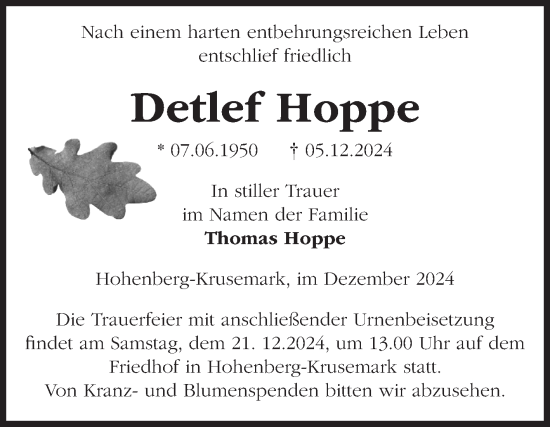 Traueranzeige von Detlef Hoppe von Volksstimme Altmark Ost