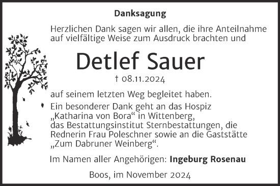 Traueranzeige von Detlef Sauer von Trauerkombi Wittenberg