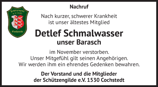 Traueranzeige von Detlef Schmalwasser von Trauerkombi Aschersleben