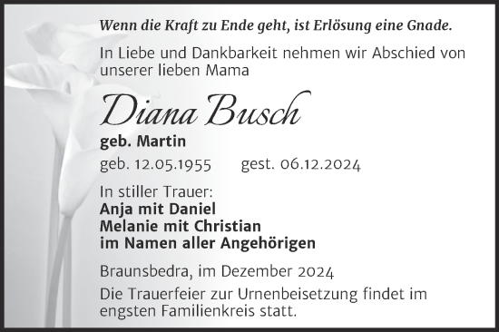 Traueranzeige von Diana Busch von Trauerkombi Merseburg