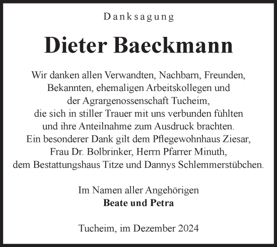 Traueranzeige von Dieter Baeckmann von Volksstimme Burg/Genthin