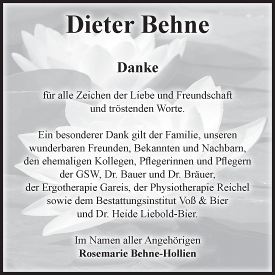 Traueranzeige von Dieter Behne von Volksstimme Wernigerode