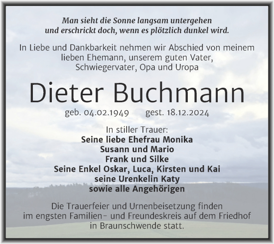 Traueranzeige von Dieter Buchmann von Trauerkombi Mansfelder Land