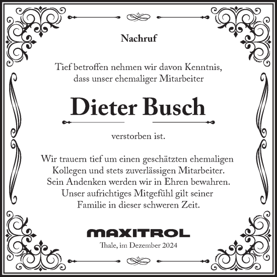 Traueranzeige von Dieter Busch von Mitteldeutsche Zeitung Quedlingburg