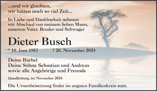 Traueranzeige von Dieter Busch von Trauerkombi Quedlinburg