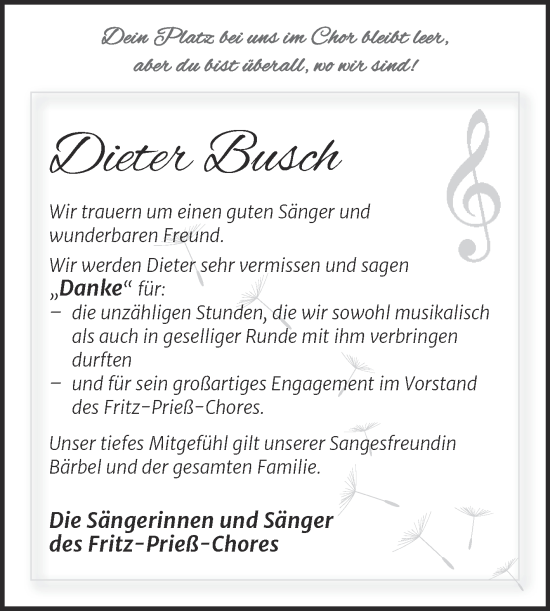Traueranzeige von Dieter Busch von Trauerkombi Quedlinburg