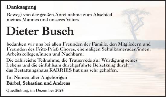 Traueranzeige von Dieter Busch von Trauerkombi Quedlinburg