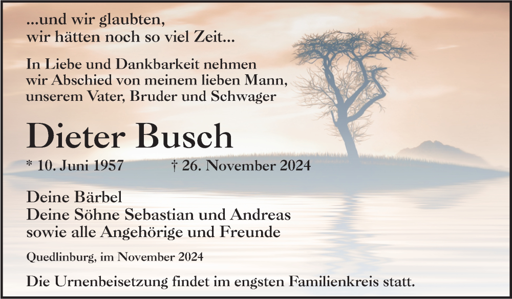  Traueranzeige für Dieter Busch vom 07.12.2024 aus Trauerkombi Quedlinburg