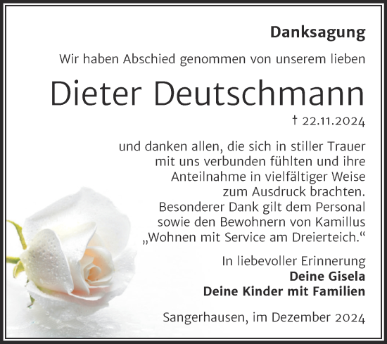 Traueranzeige von Dieter Deutschmann von Trauerkombi Sangerhausen
