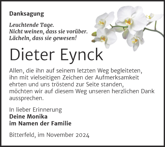 Traueranzeige von Dieter Eynck von Trauerkombi Bitterfeld