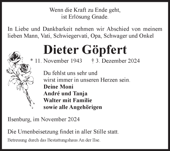 Traueranzeige von Dieter Göpfert von Volksstimme Wernigerode