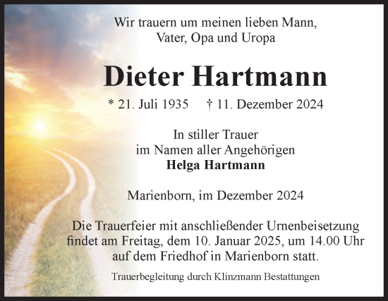 Traueranzeige von Dieter Hartmann von Volksstimme Oschersleben/Wanzleben