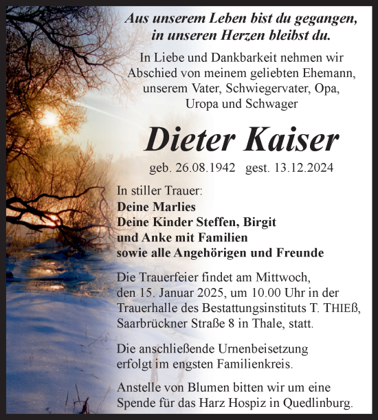 Traueranzeige von Dieter Kaiser von Trauerkombi Quedlinburg
