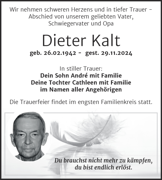 Traueranzeige von Dieter Kalt von Mitteldeutsche Zeitung Halle/Saalkreis