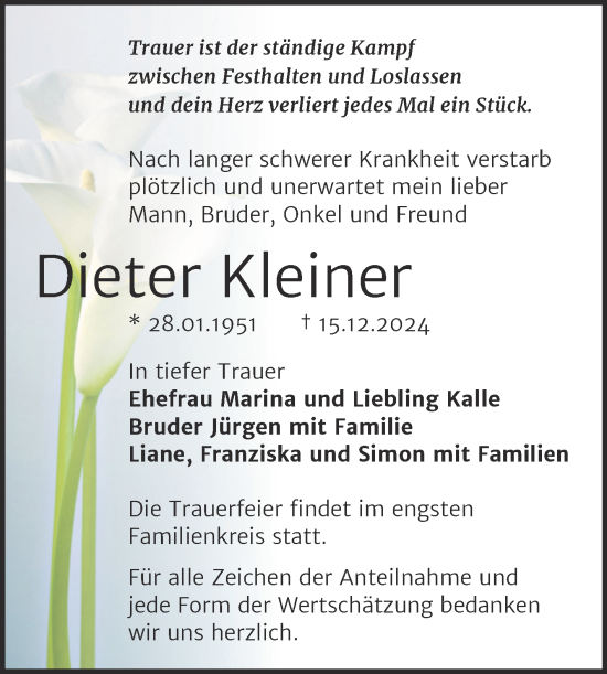 Traueranzeige von Dieter Kleiner von Trauerkombi Mansfelder Land