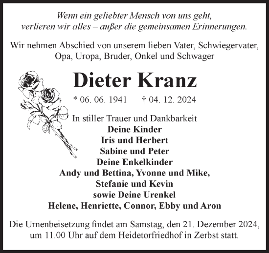 Traueranzeige von Dieter Kranz von Volksstimme Zerbst