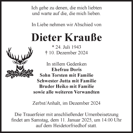 Traueranzeige von Dieter Krauße von Volksstimme Zerbst