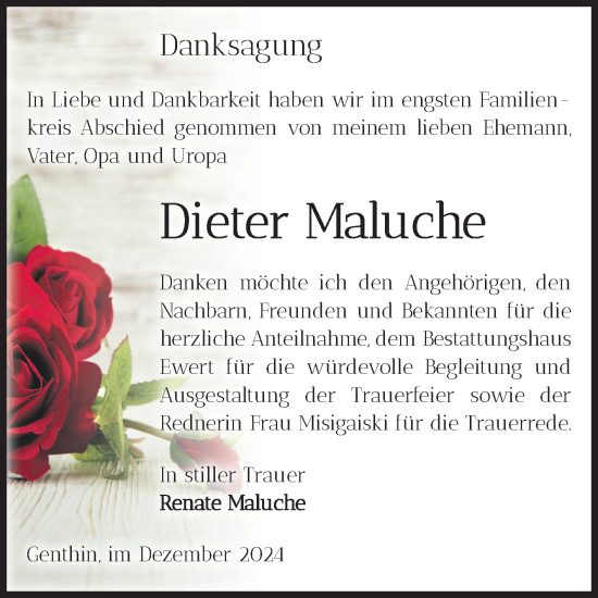Traueranzeige von Dieter Maluche von Volksstimme Burg/Genthin