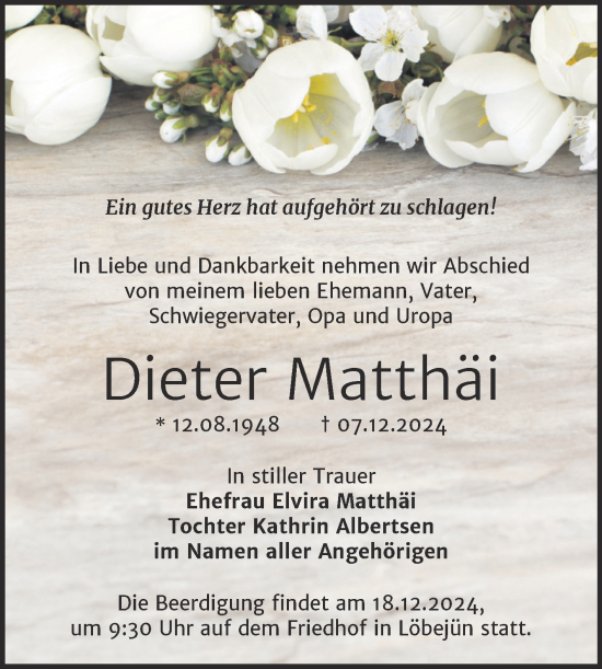 Traueranzeige von Dieter Matthäi von Mitteldeutsche Zeitung Halle/Saalkreis