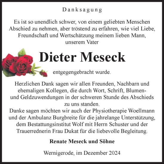 Traueranzeige von Dieter Meseck von Volksstimme Wernigerode