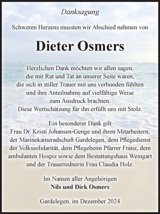 Traueranzeige von Dieter Osmers von Volksstimme Altmark West