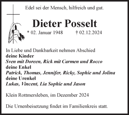 Traueranzeige von Dieter Posselt von Volksstimme Haldensleben/Wolmirstedt