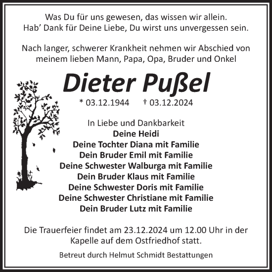 Traueranzeige von Dieter Pußel von Volksstimme Magdeburg