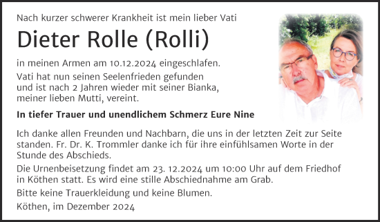 Traueranzeige von Dieter Rolle von Trauerkombi Köthen