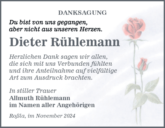 Traueranzeige von Dieter Rühlemann von Trauerkombi Sangerhausen