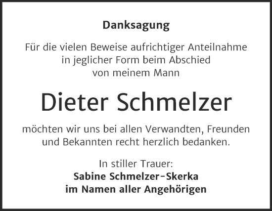 Traueranzeige von Dieter Schmelzer von Trauerkombi Mansfelder Land