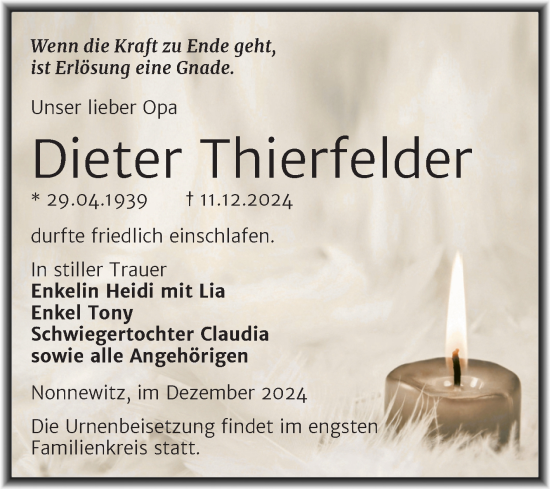 Traueranzeige von Dieter Thierfelder von Trauerkombi Zeitz