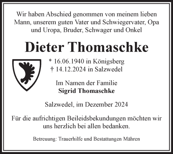 Traueranzeige von Dieter Thomaschke von Volksstimme Altmark West