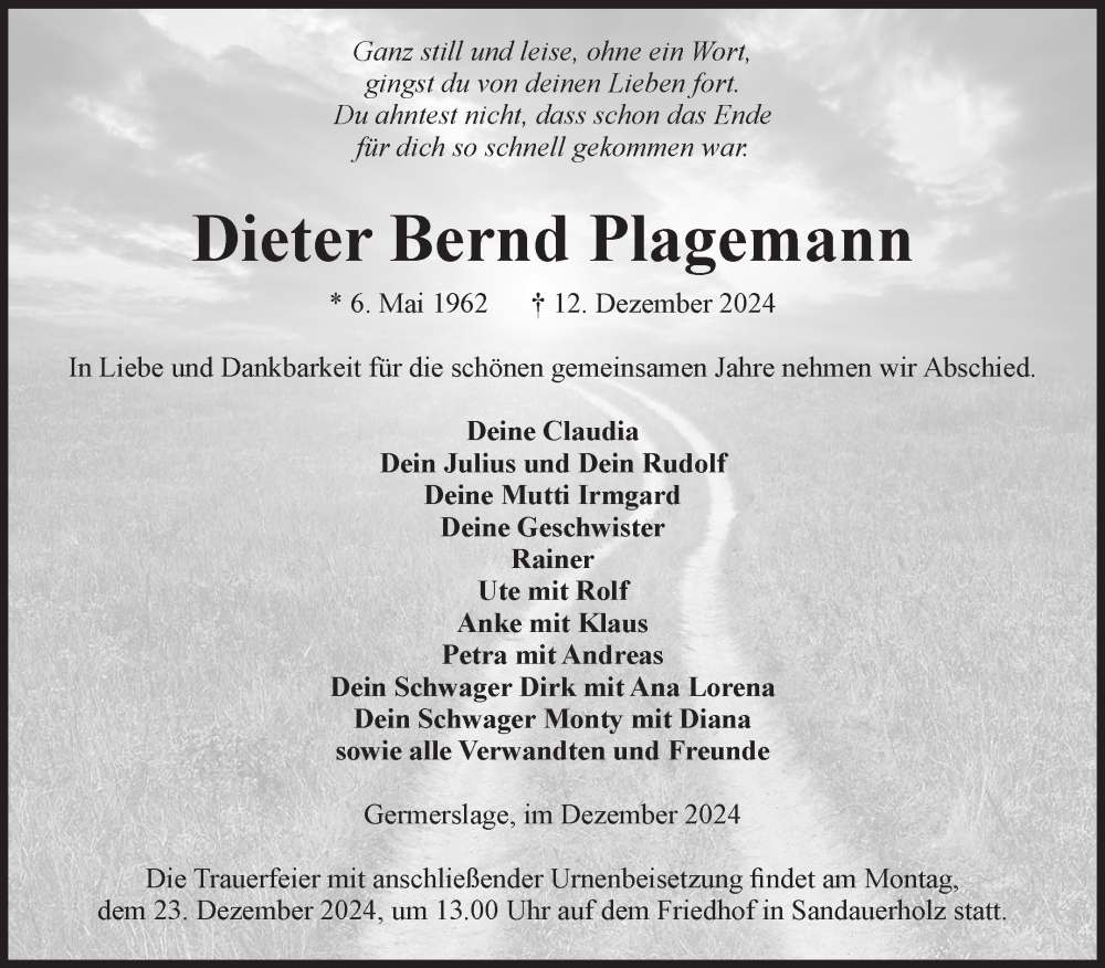  Traueranzeige für Dieter Bernd Plagemann vom 17.12.2024 aus Volksstimme Altmark Ost