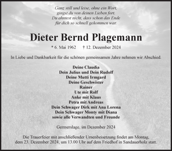 Traueranzeige von Dieter Bernd Plagemann von Volksstimme Altmark Ost