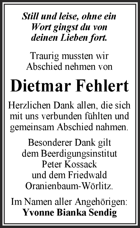 Traueranzeige von Dietmar Fehlert von Trauerkombi Dessau