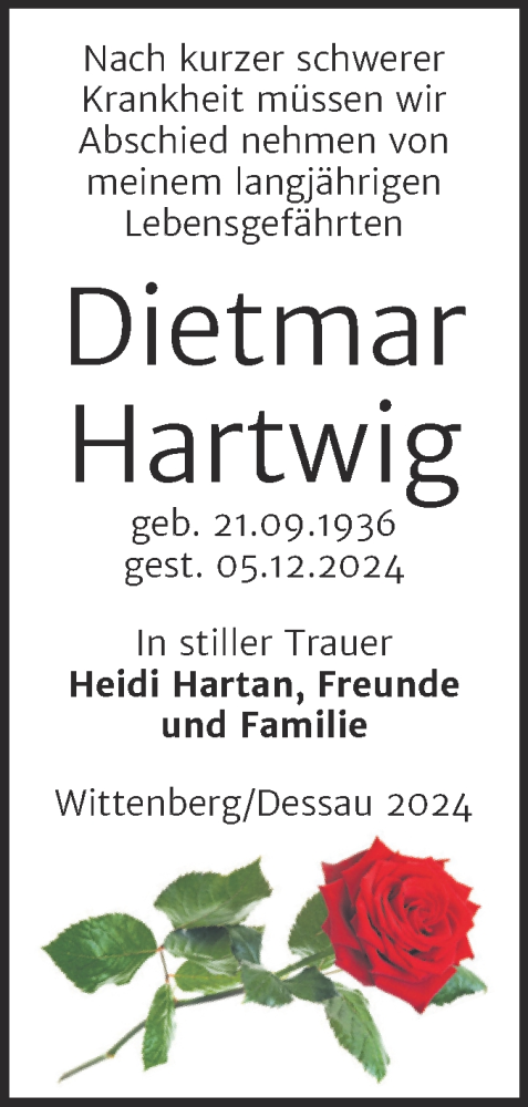 Traueranzeige von Dietmar Hartwig von Trauerkombi Dessau