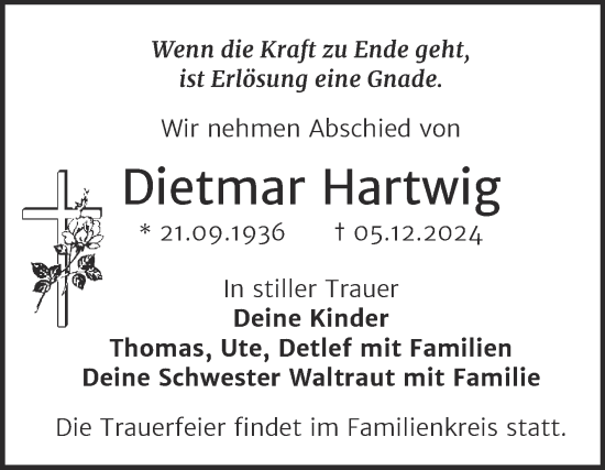 Traueranzeige von Dietmar Hartwig von Trauerkombi Dessau