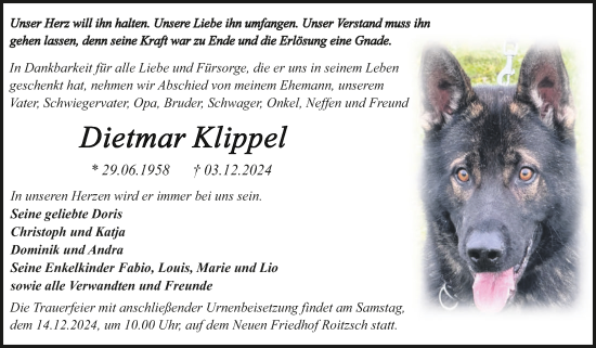 Traueranzeige von Dietmar Klippel von Mitteldeutsche Zeitung Bitterfeld