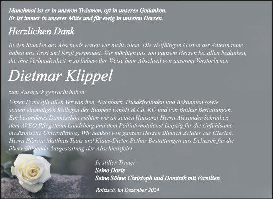 Traueranzeige von Dietmar Klippel von Mitteldeutsche Zeitung Bitterfeld