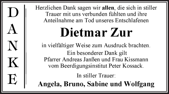 Traueranzeige von Dietmar Zur von Trauerkombi Dessau