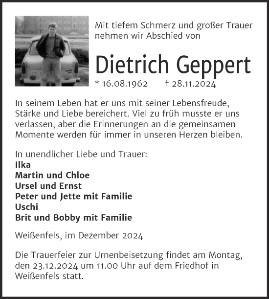 Traueranzeige von Dietrich Geppert von Trauerkombi Weißenfels