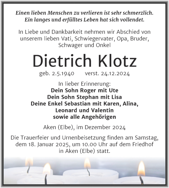 Traueranzeige von Dietrich Klotz von Trauerkombi Köthen