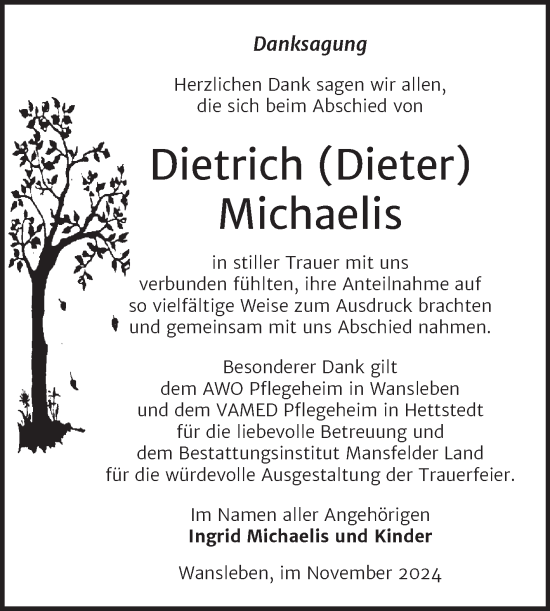 Traueranzeige von Dietrich Michaelis von Trauerkombi Mansfelder Land