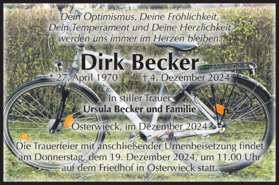 Traueranzeige von Dirk Becker von Volksstimme Halberstadt