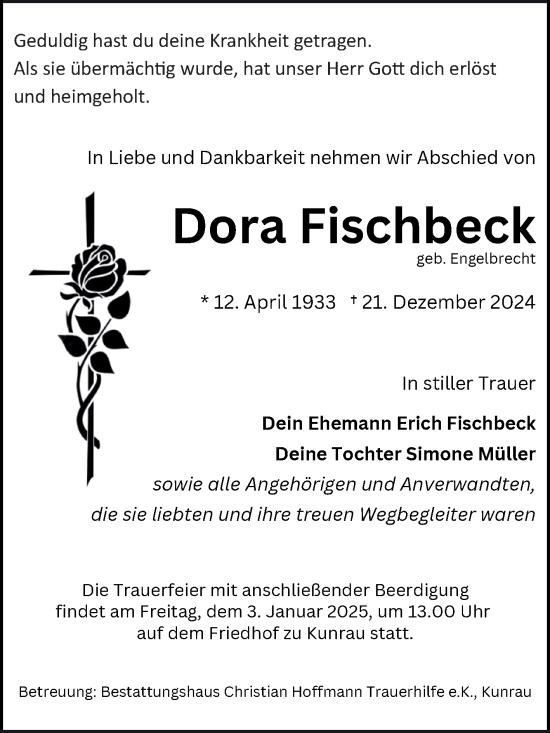 Traueranzeige von Dora Fischbeck von Volksstimme Altmark West
