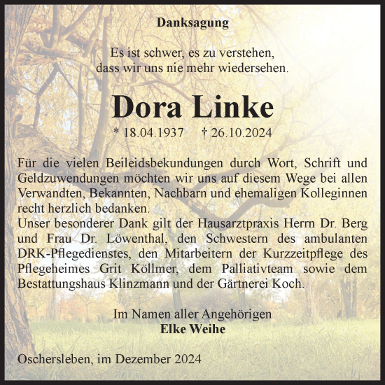 Traueranzeige von Dora Linke von Volksstimme Oschersleben/Wanzleben