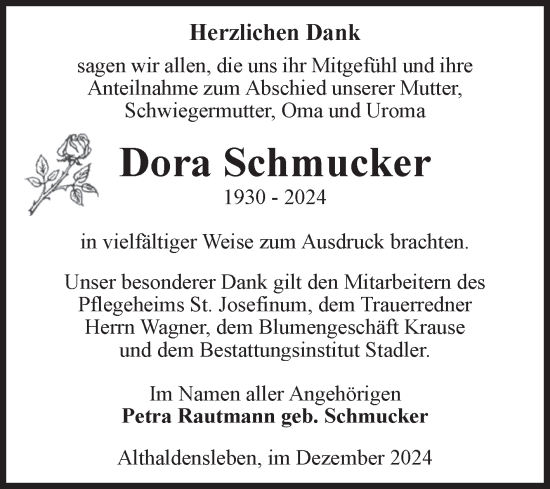 Traueranzeige von Dora Schmucker von Volksstimme Haldensleben/Wolmirstedt