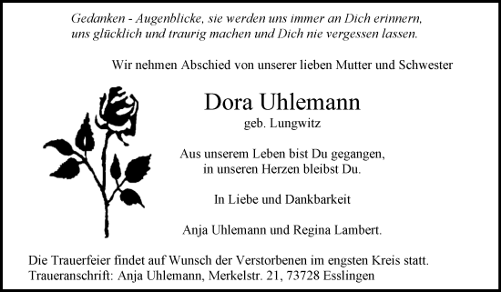 Traueranzeige von Dora Uhlemann von Mitteldeutsche Zeitung Weißenfels
